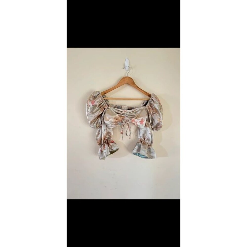ASOS Dragon Jacquard Crop Top Gold Satin Puff Sleeve Coquette FairyCore UK10 US6
